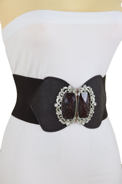 Brand New Women Brown Elastic Waistband Wide Belt Hip Waist Silver Bling Buckle Size S M