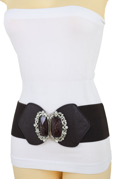 Brand New Women Brown Elastic Waistband Wide Belt Hip Waist Silver Bling Buckle Size S M