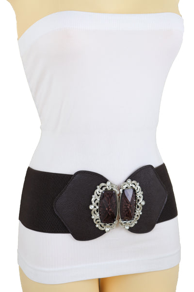 Brand New Women Brown Elastic Waistband Wide Belt Hip Waist Silver Bling Buckle Size S M