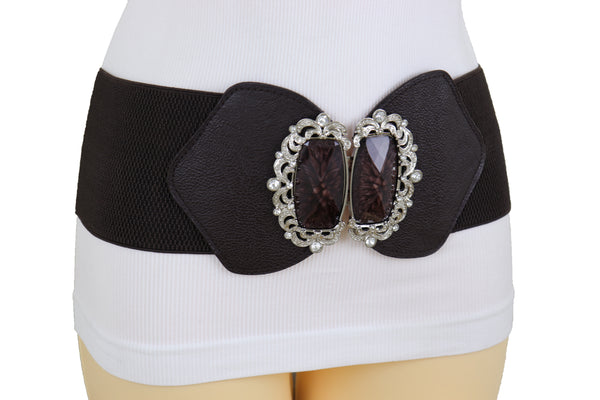 Brand New Women Brown Elastic Waistband Wide Belt Hip Waist Silver Bling Buckle Size S M