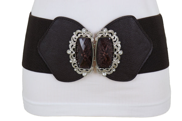 Brand New Women Brown Elastic Waistband Wide Belt Hip Waist Silver Bling Buckle Size S M