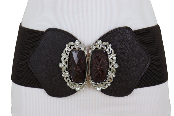 Brand New Women Brown Elastic Waistband Wide Belt Hip Waist Silver Bling Buckle Size S M