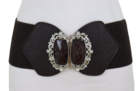 Brand New Women Brown Elastic Waistband Wide Belt Hip Waist Silver Bling Buckle Size S M