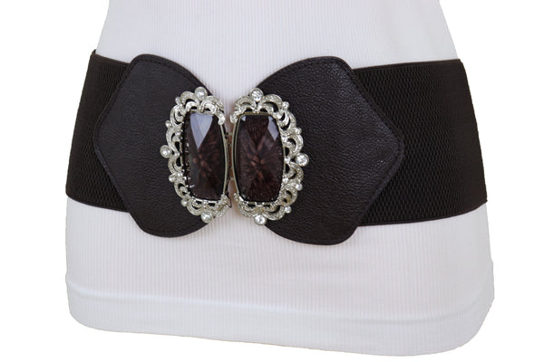 Brand New Women Brown Elastic Waistband Wide Belt Hip Waist Silver Bling Buckle Size S M