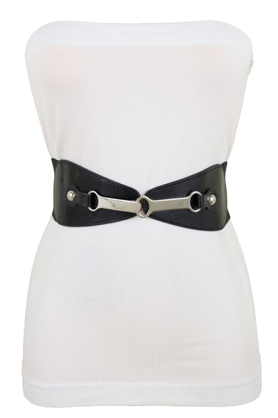 Brand New Women Black Faux Leather Elastic Fashion Belt Silver Metal Long Buckle Fit Size S M