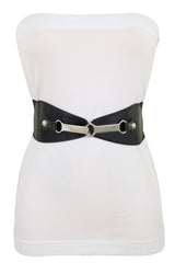 Black Faux Leather Elastic Fashion Belt Silver Metal Long Buckle Fit Size S M