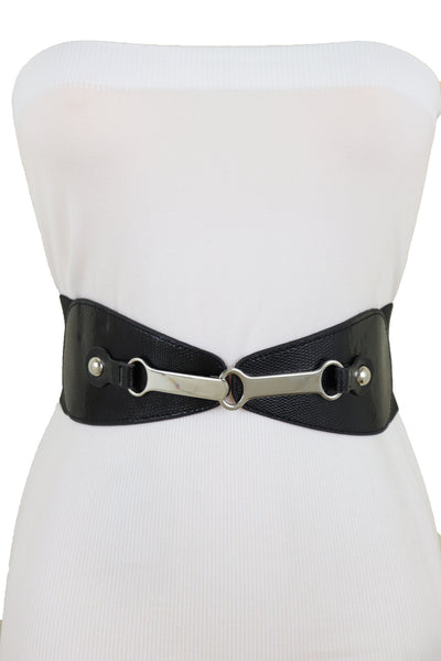 Brand New Women Black Faux Leather Elastic Fashion Belt Silver Metal Long Buckle Fit Size S M