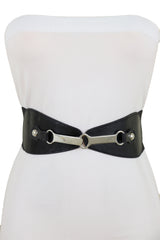 Black Faux Leather Elastic Fashion Belt Silver Metal Long Buckle Fit Size S M