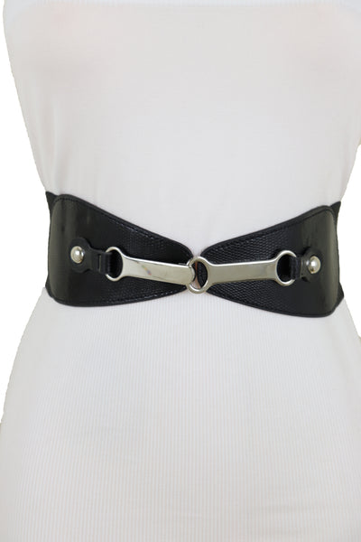 Brand New Women Black Faux Leather Elastic Fashion Belt Silver Metal Long Buckle Fit Size S M