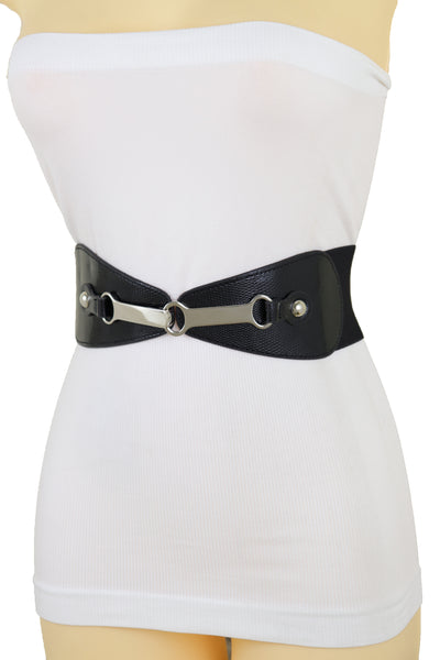 Brand New Women Black Faux Leather Elastic Fashion Belt Silver Metal Long Buckle Fit Size S M