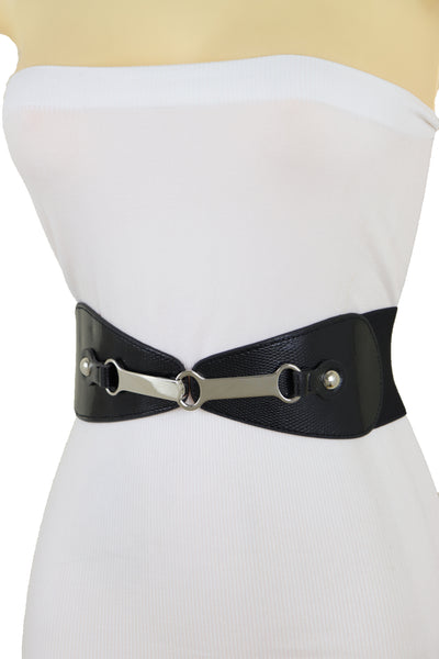 Brand New Women Black Faux Leather Elastic Fashion Belt Silver Metal Long Buckle Fit Size S M