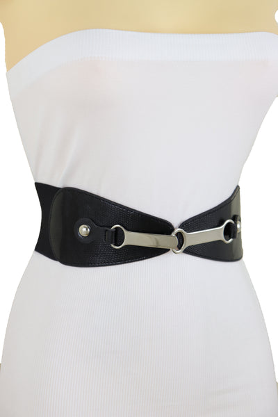 Brand New Women Black Faux Leather Elastic Fashion Belt Silver Metal Long Buckle Fit Size S M