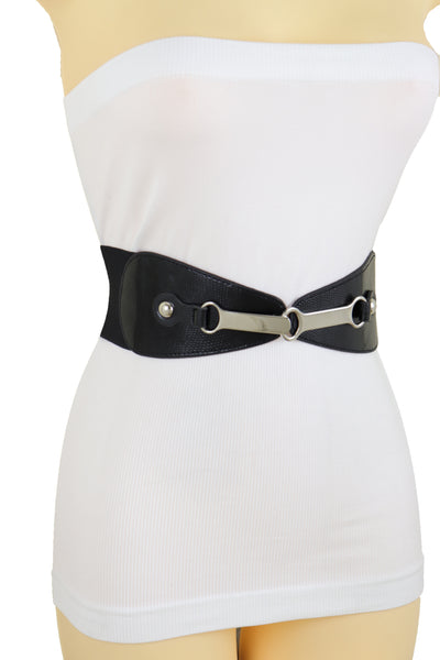 Brand New Women Black Faux Leather Elastic Fashion Belt Silver Metal Long Buckle Fit Size S M