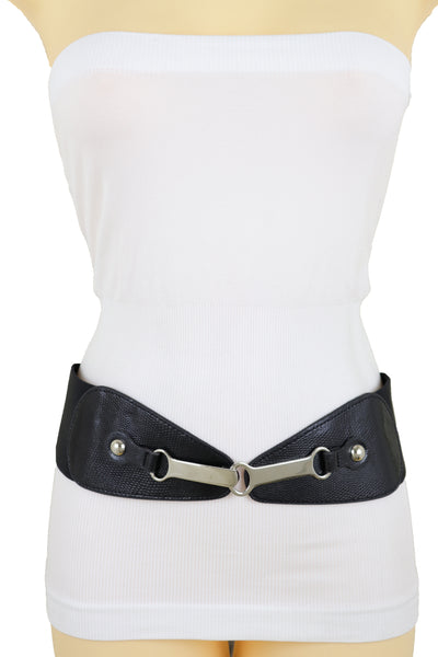 Brand New Women Black Faux Leather Elastic Fashion Belt Silver Metal Long Buckle Fit Size S M
