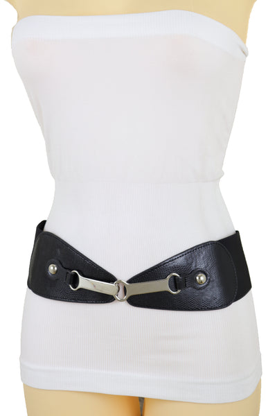 Brand New Women Black Faux Leather Elastic Fashion Belt Silver Metal Long Buckle Fit Size S M