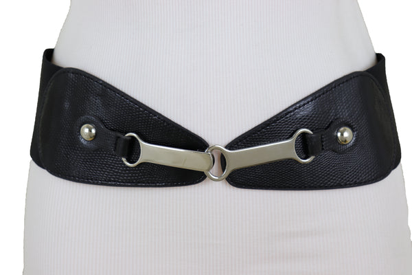 Brand New Women Black Faux Leather Elastic Fashion Belt Silver Metal Long Buckle Fit Size S M