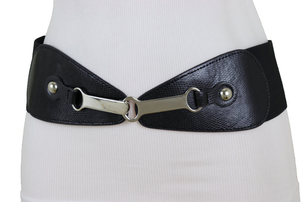 Brand New Women Black Faux Leather Elastic Fashion Belt Silver Metal Long Buckle Fit Size S M