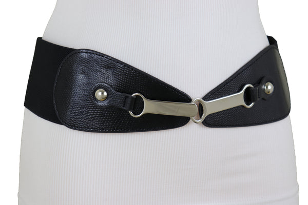 Brand New Women Black Faux Leather Elastic Fashion Belt Silver Metal Long Buckle Fit Size S M