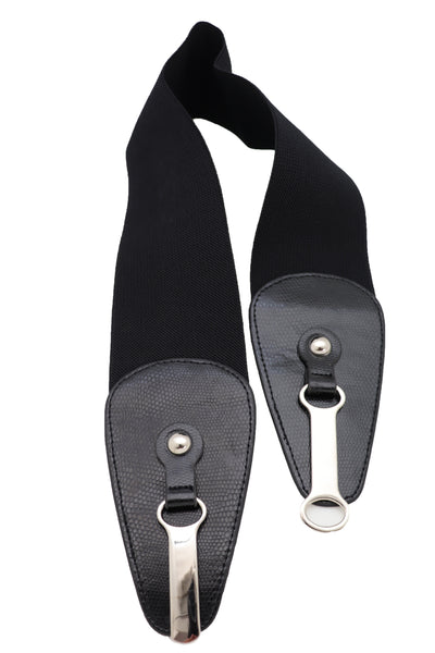 Brand New Women Black Faux Leather Elastic Fashion Belt Silver Metal Long Buckle Fit Size S M
