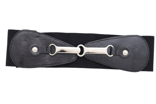 Brand New Women Black Faux Leather Elastic Fashion Belt Silver Metal Long Buckle Fit Size S M