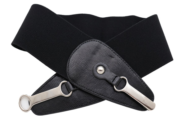 Brand New Women Black Faux Leather Elastic Fashion Belt Silver Metal Long Buckle Fit Size S M