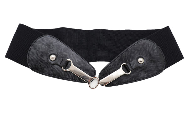 Brand New Women Black Faux Leather Elastic Fashion Belt Silver Metal Long Buckle Fit Size S M