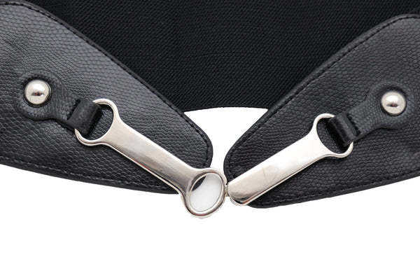 Brand New Women Black Faux Leather Elastic Fashion Belt Silver Metal Long Buckle Fit Size S M