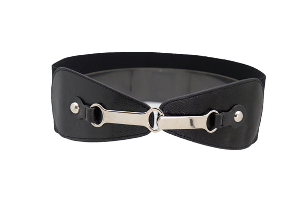 Brand New Women Black Faux Leather Elastic Fashion Belt Silver Metal Long Buckle Fit Size S M