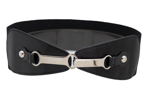 Brand New Women Black Faux Leather Elastic Fashion Belt Silver Metal Long Buckle Fit Size S M
