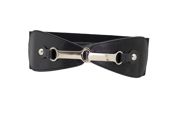 Brand New Women Black Faux Leather Elastic Fashion Belt Silver Metal Long Buckle Fit Size S M