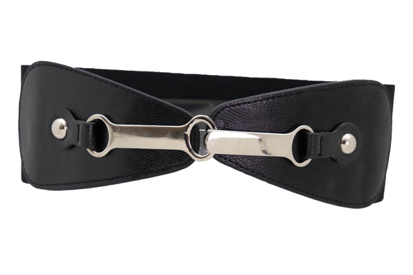 Brand New Women Black Faux Leather Elastic Fashion Belt Silver Metal Long Buckle Fit Size S M