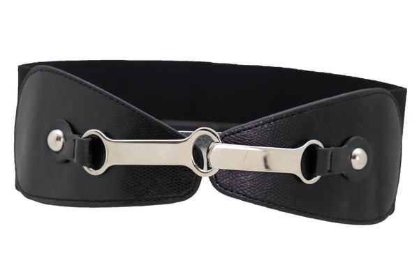 Brand New Women Black Faux Leather Elastic Fashion Belt Silver Metal Long Buckle Fit Size S M