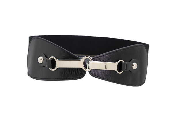 Brand New Women Black Faux Leather Elastic Fashion Belt Silver Metal Long Buckle Fit Size S M