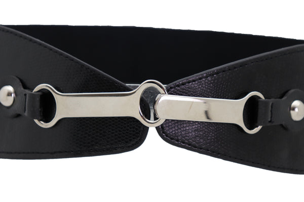 Brand New Women Black Faux Leather Elastic Fashion Belt Silver Metal Long Buckle Fit Size S M