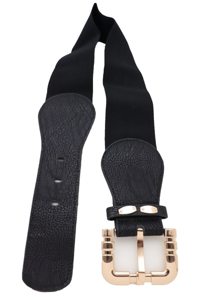 Brand New Women Black Faux Leather Elastic Waist Hip Belt Gold Metal Square Buckle Fit S M
