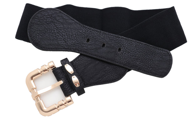 Brand New Women Black Faux Leather Elastic Waist Hip Belt Gold Metal Square Buckle Fit S M