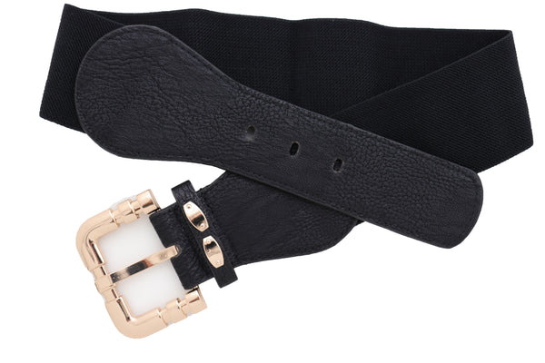 Brand New Women Black Faux Leather Elastic Waist Hip Belt Gold Metal Square Buckle Fit S M