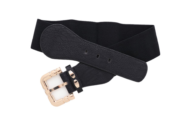 Brand New Women Black Faux Leather Elastic Waist Hip Belt Gold Metal Square Buckle Fit S M