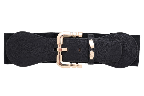 Brand New Women Black Faux Leather Elastic Waist Hip Belt Gold Metal Square Buckle Fit S M