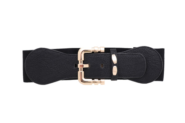 Brand New Women Black Faux Leather Elastic Waist Hip Belt Gold Metal Square Buckle Fit S M