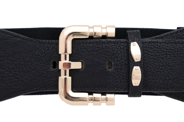 Brand New Women Black Faux Leather Elastic Waist Hip Belt Gold Metal Square Buckle Fit S M