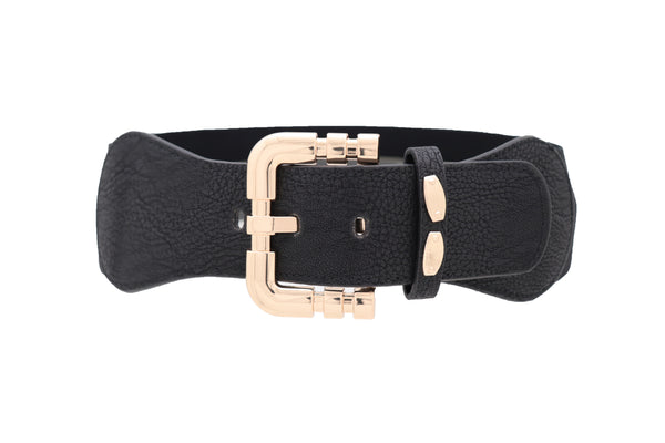Brand New Women Black Faux Leather Elastic Waist Hip Belt Gold Metal Square Buckle Fit S M