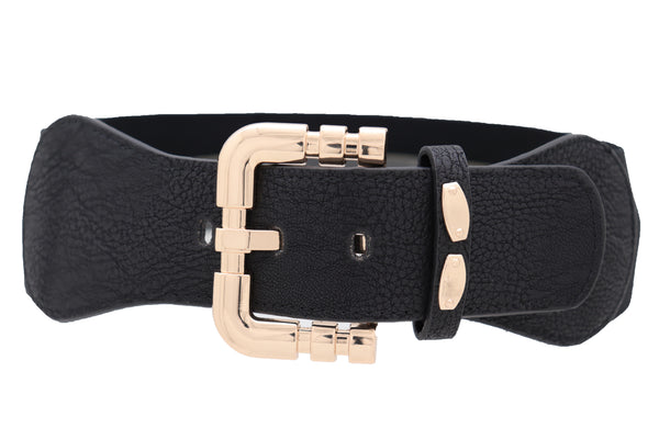 Brand New Women Black Faux Leather Elastic Waist Hip Belt Gold Metal Square Buckle Fit S M