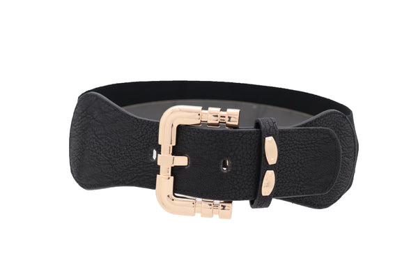 Brand New Women Black Faux Leather Elastic Waist Hip Belt Gold Metal Square Buckle Fit S M