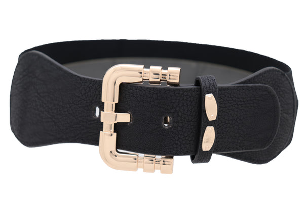 Brand New Women Black Faux Leather Elastic Waist Hip Belt Gold Metal Square Buckle Fit S M