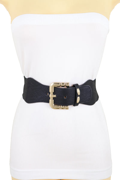 Brand New Women Black Faux Leather Elastic Waist Hip Belt Gold Metal Square Buckle Fit S M