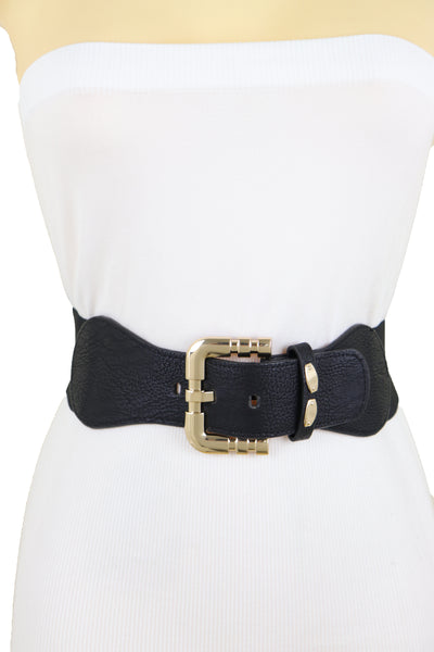 Brand New Women Black Faux Leather Elastic Waist Hip Belt Gold Metal Square Buckle Fit S M