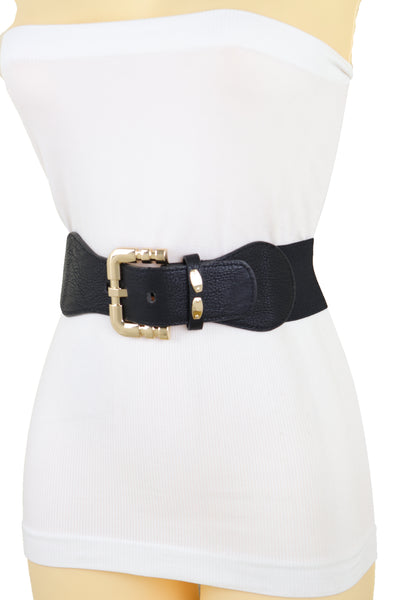 Brand New Women Black Faux Leather Elastic Waist Hip Belt Gold Metal Square Buckle Fit S M