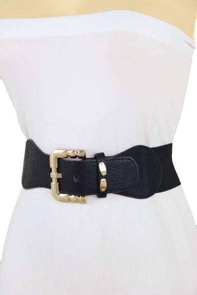 Brand New Women Black Faux Leather Elastic Waist Hip Belt Gold Metal Square Buckle Fit S M
