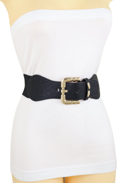 Brand New Women Black Faux Leather Elastic Waist Hip Belt Gold Metal Square Buckle Fit S M